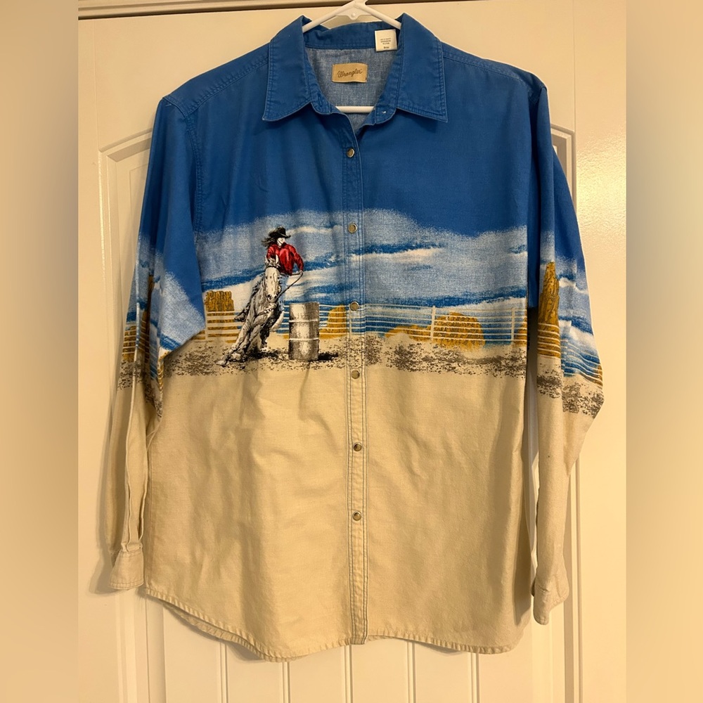 Vintage 80’s Women’s Wrangler Cowboy Western Pearl Snap Barrel Racing Shirt XL
